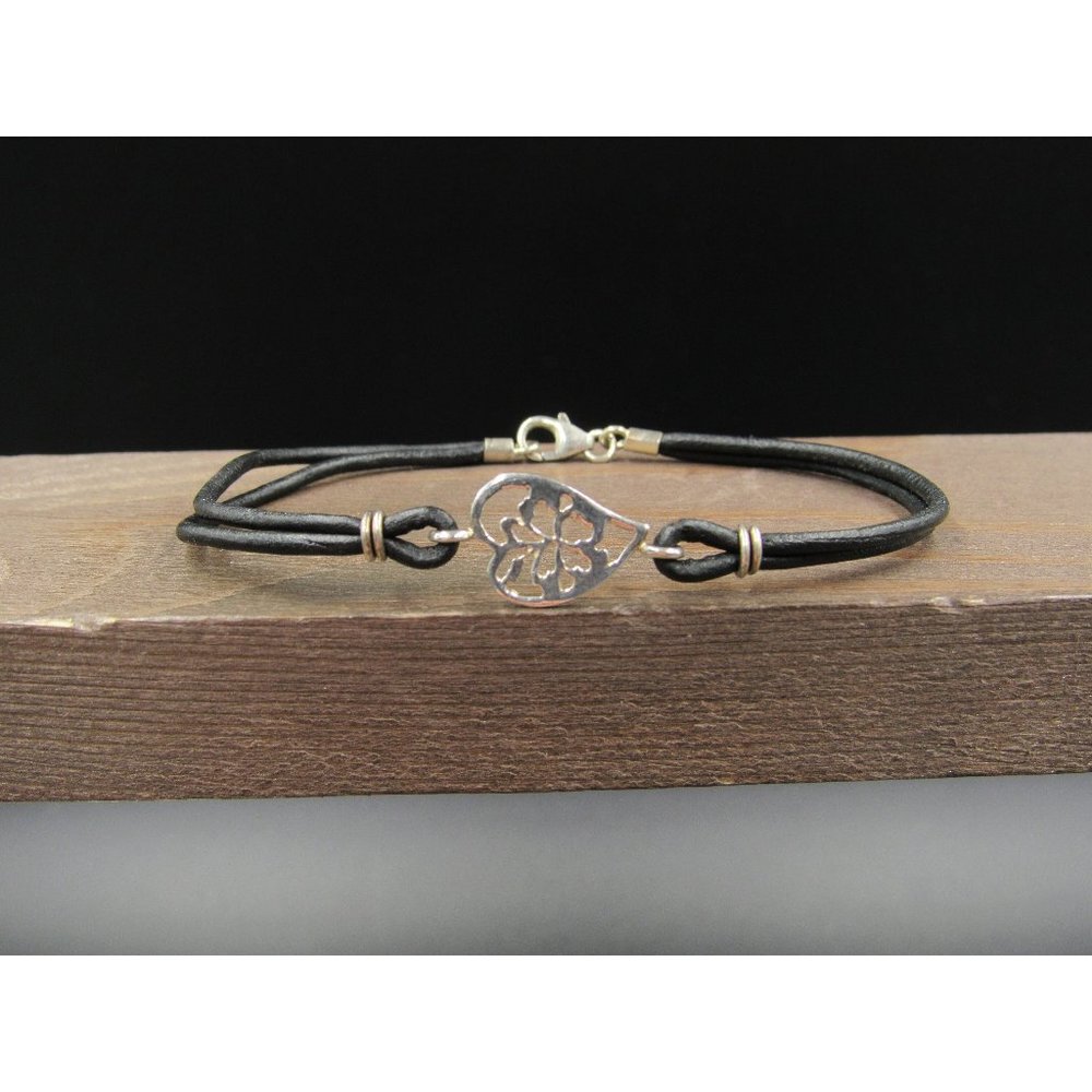 7 Inch Sterling Silver Black Leather Cutout Heart Bracelet